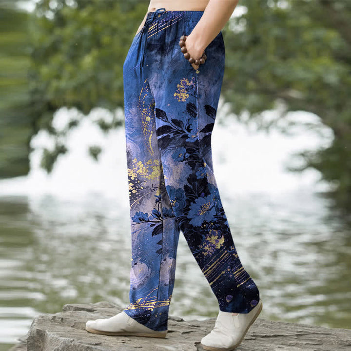 Buddha Stones Herrenhose aus Baumwolle mit floralem Sternenmuster, schmal zulaufendem Schnitt und Taschen - image 1