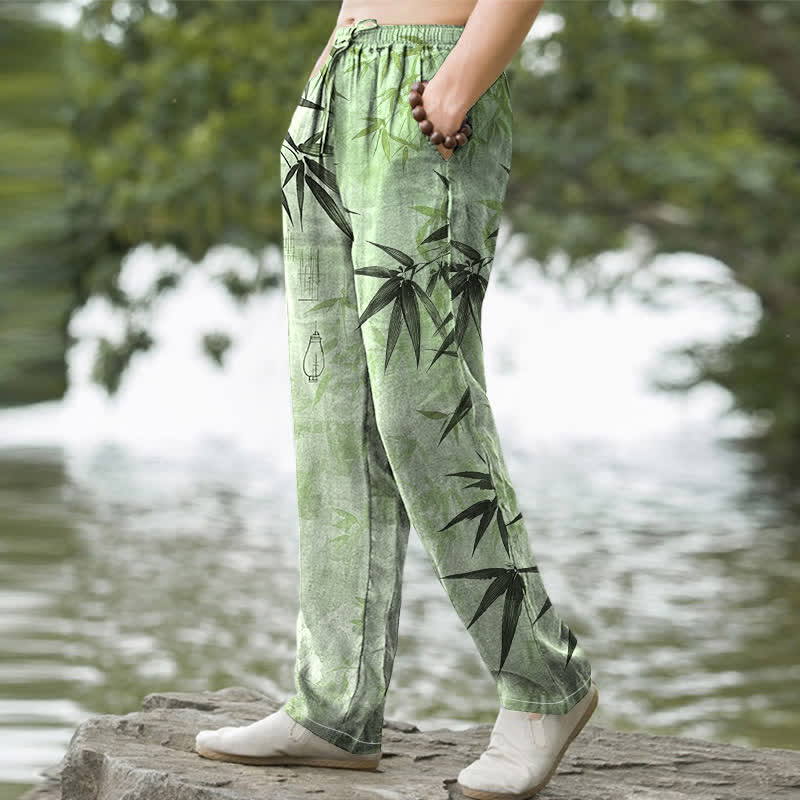 Buddha Stones Herrenhose mit schmal zulaufendem Schnitt und Taschen, bedruckt mit Bambusblattmuster aus Baumwolle - image 1