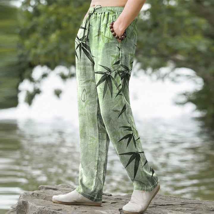 Buddha Stones Herrenhose mit schmal zulaufendem Schnitt und Taschen, bedruckt mit Bambusblattmuster aus Baumwolle - image 1