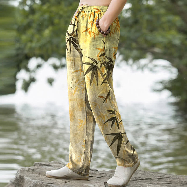 Buddha Stones Herrenhose mit schmal zulaufendem Schnitt und Taschen, bedruckt mit Bambusblattmuster aus Baumwolle - image 5