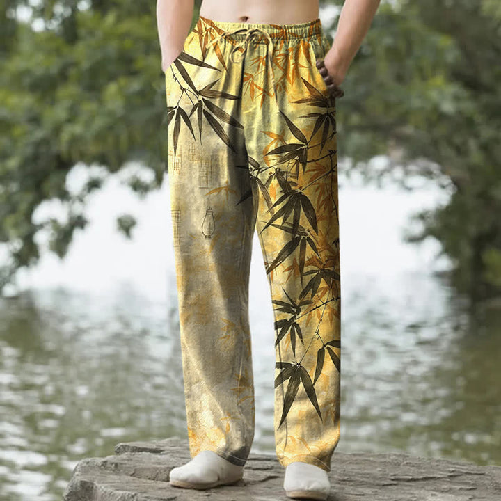 Buddha Stones Herrenhose mit schmal zulaufendem Schnitt und Taschen, bedruckt mit Bambusblattmuster aus Baumwolle - Gold - US/ UK/AU50, EU60 (5XL) - image 4