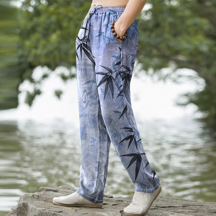 Buddha Stones Herrenhose mit schmal zulaufendem Schnitt und Taschen, bedruckt mit Bambusblattmuster aus Baumwolle - image 9