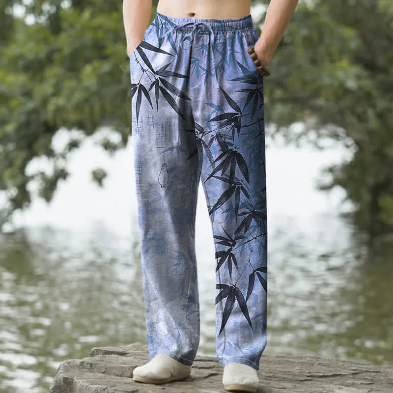 Buddha Stones Herrenhose mit schmal zulaufendem Schnitt und Taschen, bedruckt mit Bambusblattmuster aus Baumwolle - Hellblau - US/ UK/AU50, EU60 (5XL) - image 8