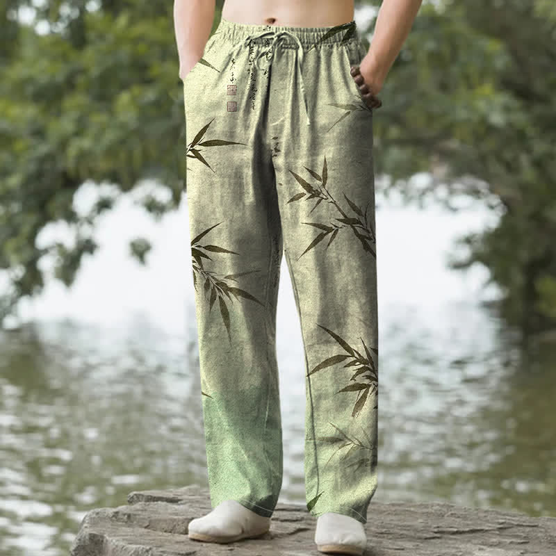 Buddha Stones Herrenhose mit schmal zulaufendem Schnitt und Taschen, bedruckt mit Bambusblattmuster aus Baumwolle - Dunkelseegrün - US/ UK/AU50, EU60 (5XL) - image 4