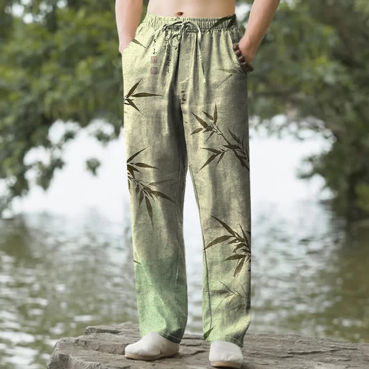 Buddha Stones Herrenhose mit schmal zulaufendem Schnitt und Taschen, bedruckt mit Bambusblattmuster aus Baumwolle - Dunkelseegrün - US/ UK/AU50, EU60 (5XL) - image 4