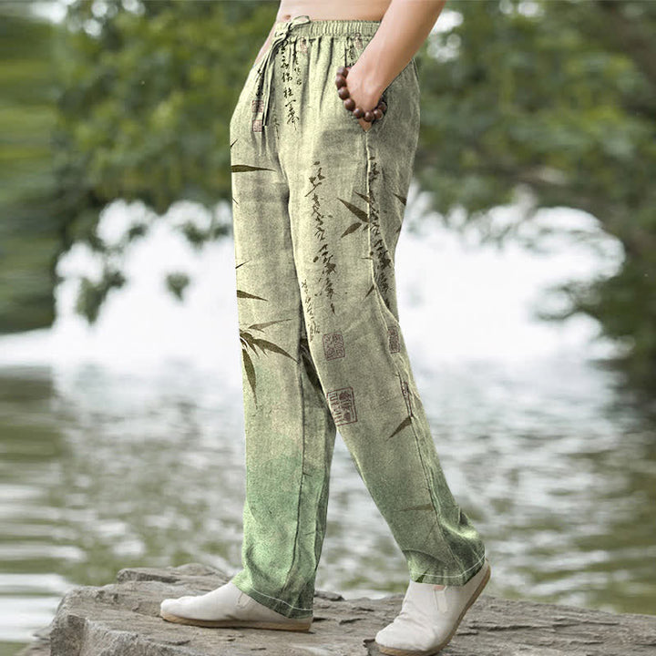 Buddha Stones Herrenhose mit schmal zulaufendem Schnitt und Taschen, bedruckt mit Bambusblattmuster aus Baumwolle - image 5