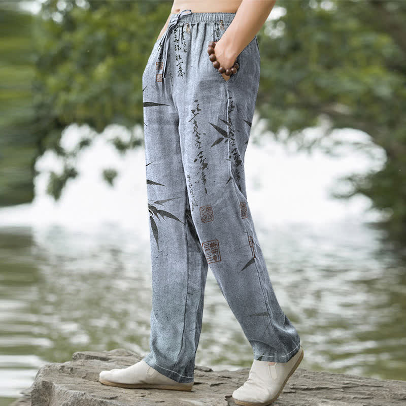 Buddha Stones Herrenhose mit schmal zulaufendem Schnitt und Taschen, bedruckt mit Bambusblattmuster aus Baumwolle - image 9