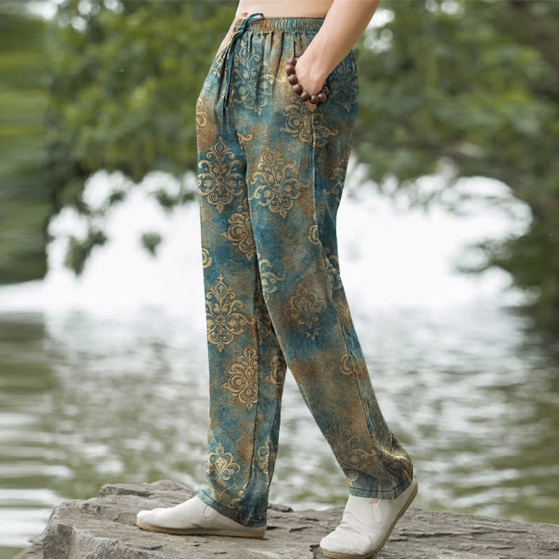 Buddha Stones Baumwollhose für Herren mit Vintage-Barockmuster, schmal zulaufendem Schnitt und Taschen - image 1