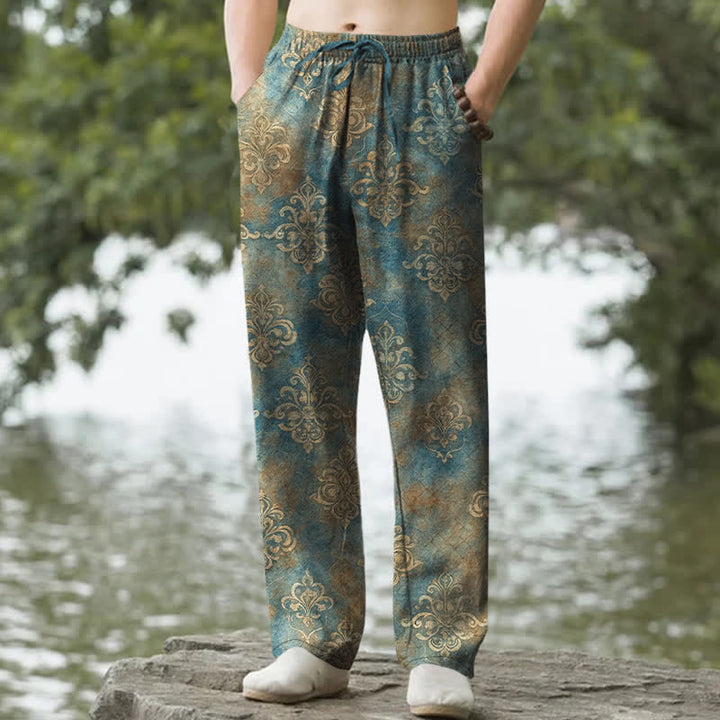 Buddha Stones Baumwollhose für Herren mit Vintage-Barockmuster, schmal zulaufendem Schnitt und Taschen - Türkis - US/ UK/AU50, EU60 (5XL) - image 0