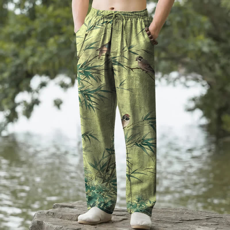 Buddha Stones Herrenhose aus Baumwolle mit Bambus- und Vogelmuster, schmal zulaufend und mit Taschen - Olivgrün - US/ UK/AU50, EU60 (5XL) - image 0