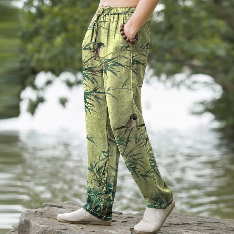 Buddha Stones Herrenhose aus Baumwolle mit Bambus- und Vogelmuster, schmal zulaufend und mit Taschen - image 1