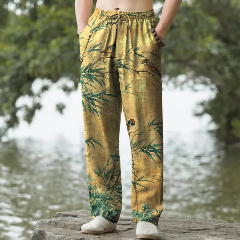 Buddha Stones Herrenhose aus Baumwolle mit Bambus- und Vogelmuster, schmal zulaufend und mit Taschen - Goldrute - US/ UK/AU50, EU60 (5XL) - image 4