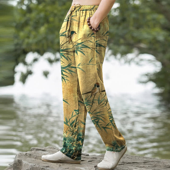 Buddha Stones Herrenhose aus Baumwolle mit Bambus- und Vogelmuster, schmal zulaufend und mit Taschen - image 5