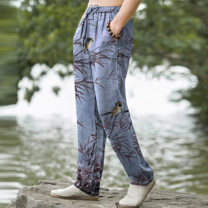 Buddha Stones Herrenhose aus Baumwolle mit Bambus- und Vogelmuster, schmal zulaufend und mit Taschen - image 9