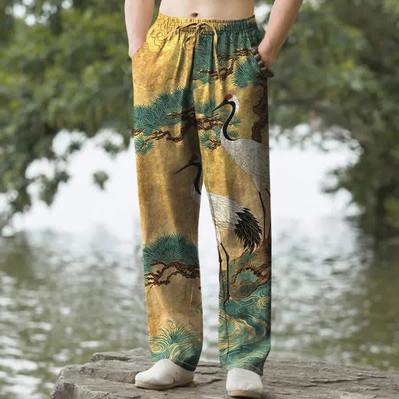 Buddha Stones Herrenhose aus Baumwolle mit Kranich- und Kiefernmuster, schmal zulaufend und mit Taschen - Gold - US/ UK/AU50, EU60 (5XL) - image 0
