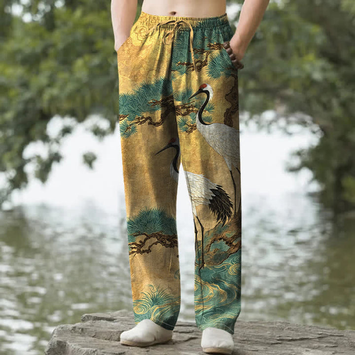 Buddha Stones Herrenhose aus Baumwolle mit Kranich- und Kiefernmuster, schmal zulaufend und mit Taschen - Gold - US/ UK/AU50, EU60 (5XL) - image 0