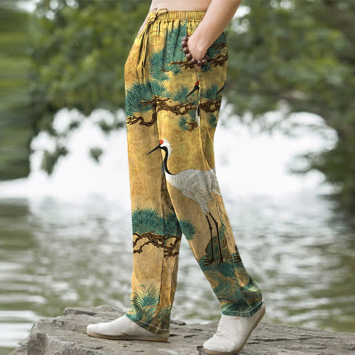 Buddha Stones Herrenhose aus Baumwolle mit Kranich- und Kiefernmuster, schmal zulaufend und mit Taschen - image 1