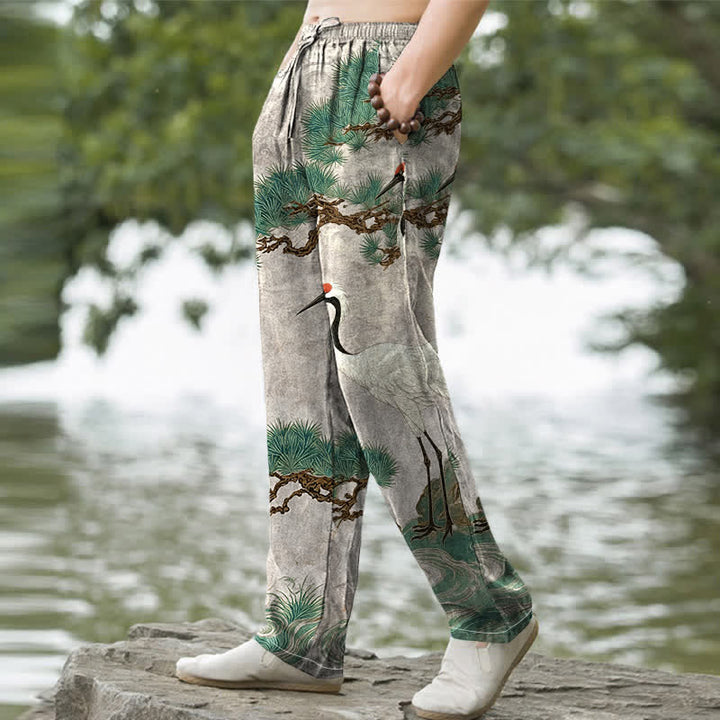 Buddha Stones Herrenhose aus Baumwolle mit Kranich- und Kiefernmuster, schmal zulaufend und mit Taschen - image 5