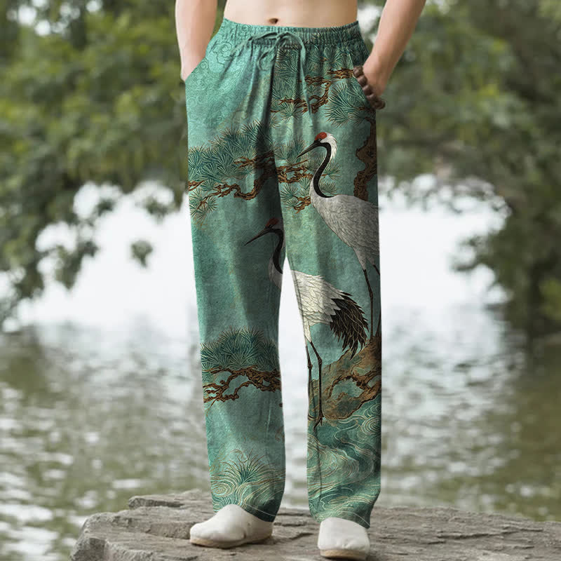 Buddha Stones Herrenhose aus Baumwolle mit Kranich- und Kiefernmuster, schmal zulaufend und mit Taschen - Mittel-Aquamarin - US/ UK/AU50, EU60 (5XL) - image 8