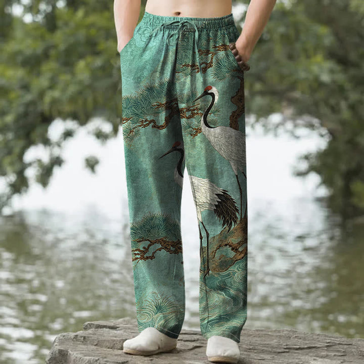 Buddha Stones Herrenhose aus Baumwolle mit Kranich- und Kiefernmuster, schmal zulaufend und mit Taschen - Mittel-Aquamarin - US/ UK/AU50, EU60 (5XL) - image 8