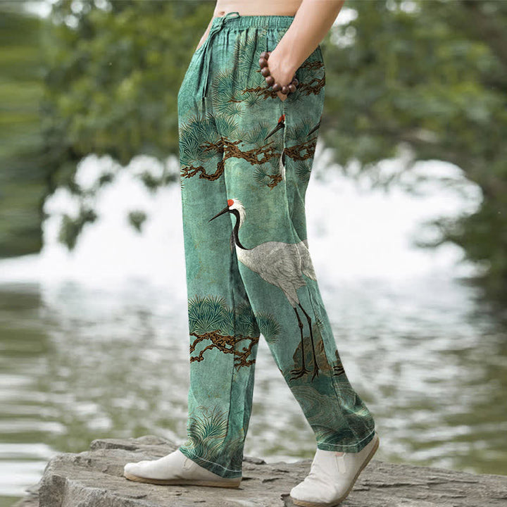 Buddha Stones Herrenhose aus Baumwolle mit Kranich- und Kiefernmuster, schmal zulaufend und mit Taschen - image 9