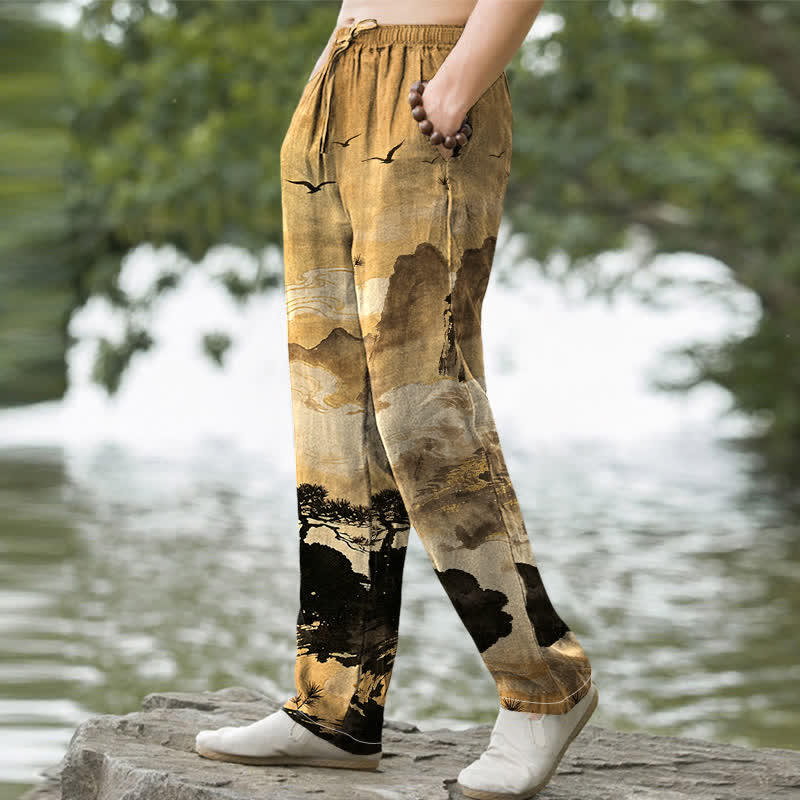 Buddha Stones Herrenhose mit schmal zulaufendem Bein und Taschen, bedruckt mit Baumwoll-Tintenmuster im Landschaftsstil - image 1