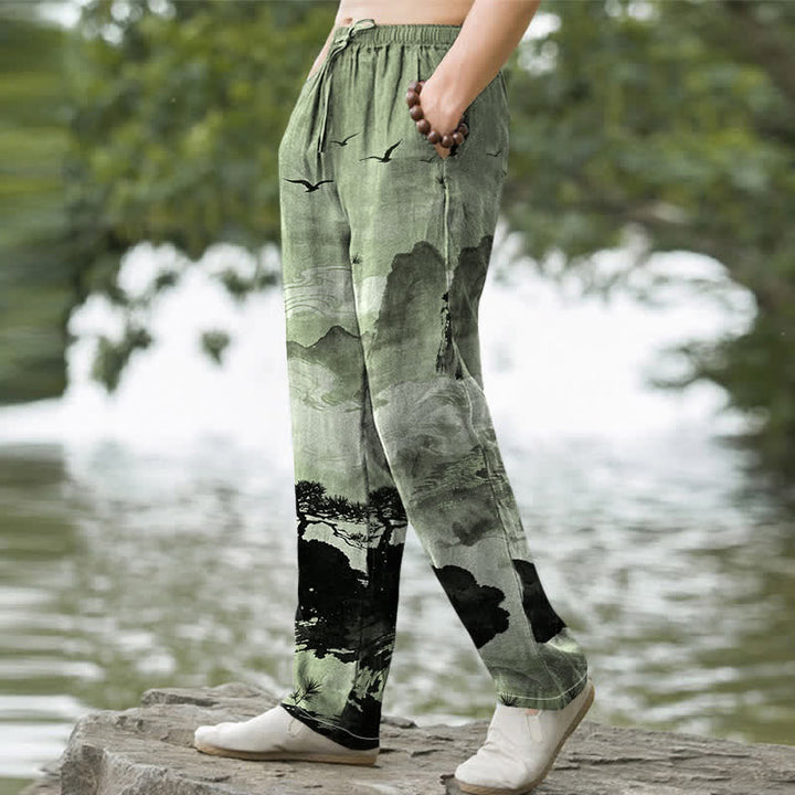 Buddha Stones Herrenhose mit schmal zulaufendem Bein und Taschen, bedruckt mit Baumwoll-Tintenmuster im Landschaftsstil - image 5