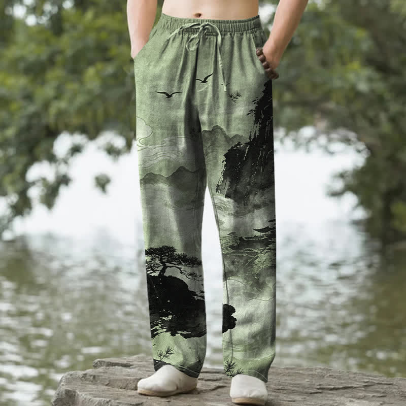 Buddha Stones Herrenhose mit schmal zulaufendem Bein und Taschen, bedruckt mit Baumwoll-Tintenmuster im Landschaftsstil - Dunkelseegrün - US/ UK/AU50, EU60 (5XL) - image 4