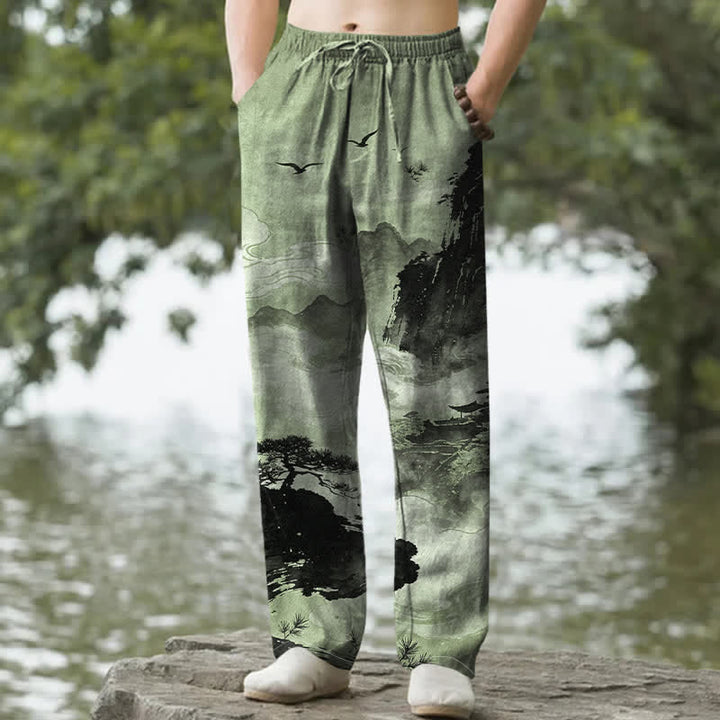 Buddha Stones Herrenhose mit schmal zulaufendem Bein und Taschen, bedruckt mit Baumwoll-Tintenmuster im Landschaftsstil - Dunkelseegrün - US/ UK/AU50, EU60 (5XL) - image 4