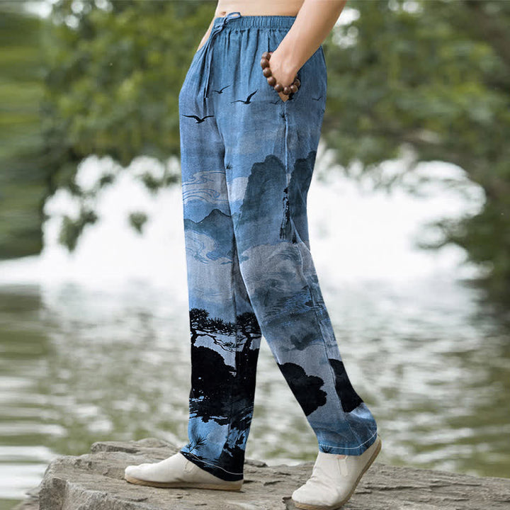Buddha Stones Herrenhose mit schmal zulaufendem Bein und Taschen, bedruckt mit Baumwoll-Tintenmuster im Landschaftsstil - image 9