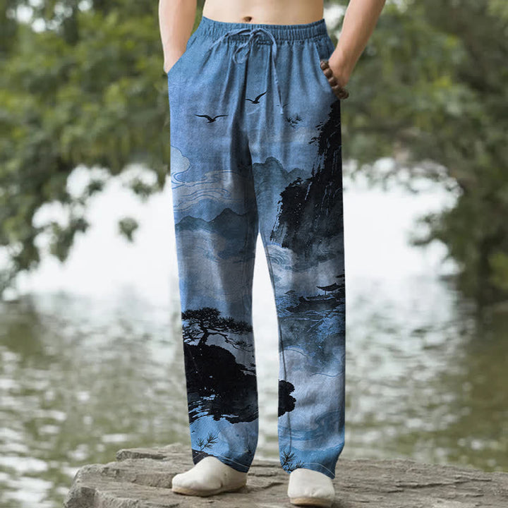 Buddha Stones Herrenhose mit schmal zulaufendem Bein und Taschen, bedruckt mit Baumwoll-Tintenmuster im Landschaftsstil - SteelBlue - US/ UK/AU50, EU60 (5XL) - image 8