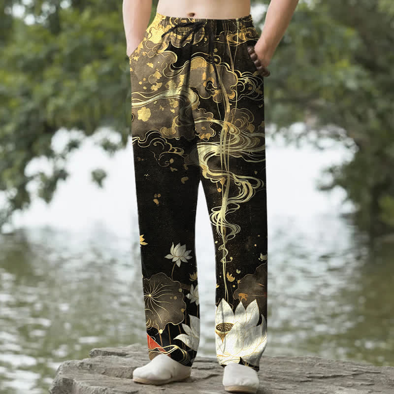 Buddha Stones Herrenhose aus Baumwolle mit Lotus- und Wolkenmuster, schmal zulaufend und mit Taschen - Schwarz - US/ UK/AU50, EU60 (5XL) - image 0