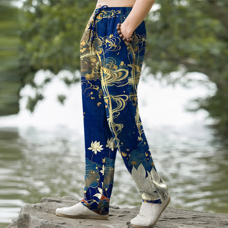 Buddha Stones Herrenhose aus Baumwolle mit Lotus- und Wolkenmuster, schmal zulaufend und mit Taschen - image 5