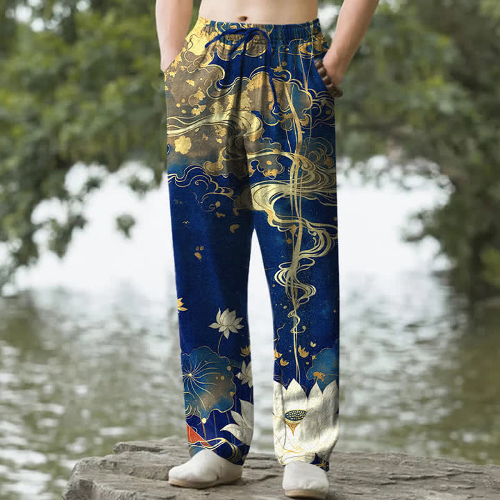Buddha Stones Herrenhose aus Baumwolle mit Lotus- und Wolkenmuster, schmal zulaufend und mit Taschen - Marine - US/ UK/AU50, EU60 (5XL) - image 4
