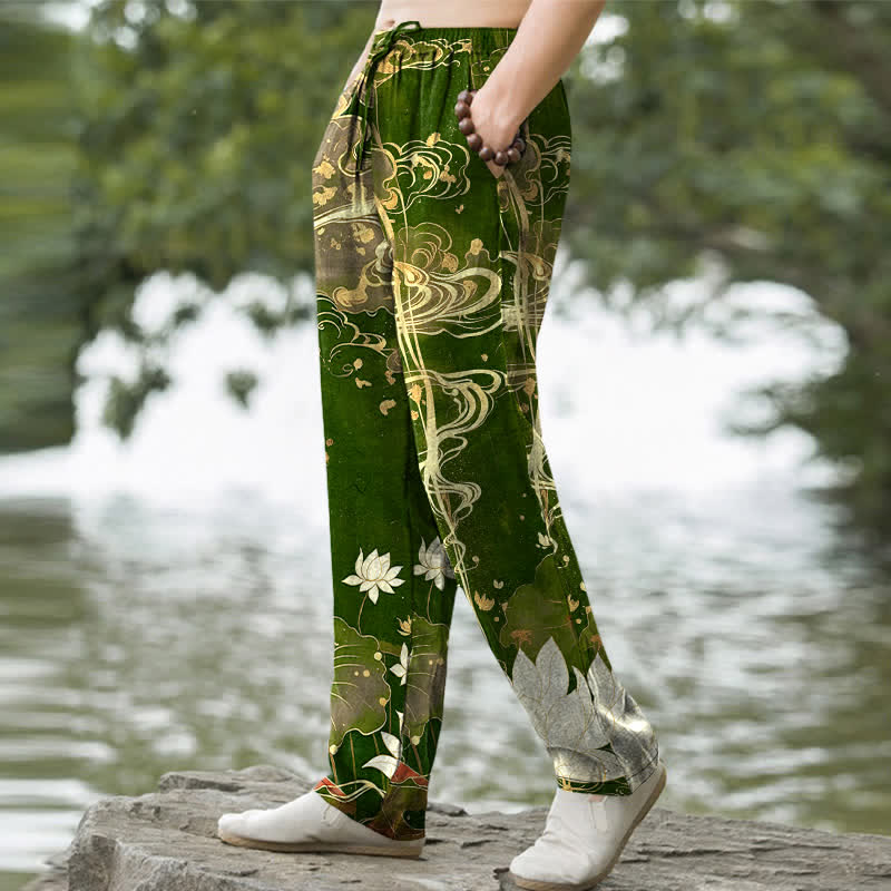 Buddha Stones Herrenhose aus Baumwolle mit Lotus- und Wolkenmuster, schmal zulaufend und mit Taschen - image 9