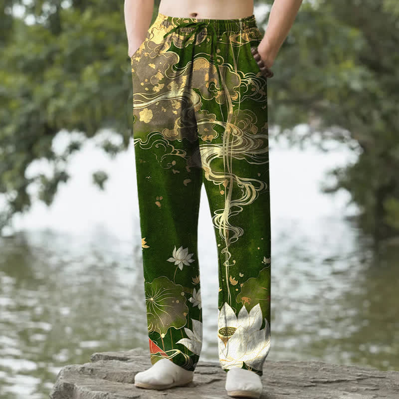 Buddha Stones Herrenhose aus Baumwolle mit Lotus- und Wolkenmuster, schmal zulaufend und mit Taschen - Waldgrün - US/ UK/AU50, EU60 (5XL) - image 8
