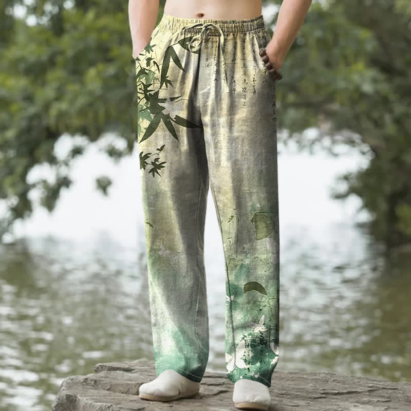 Buddha Stones Herrenhose mit schmal zulaufendem Schnitt und Taschen, bedruckt mit Baumwolltinte und Bambusmuster - Gelbgrün - US/UK/AU50, EU60 (5XL) - image 0