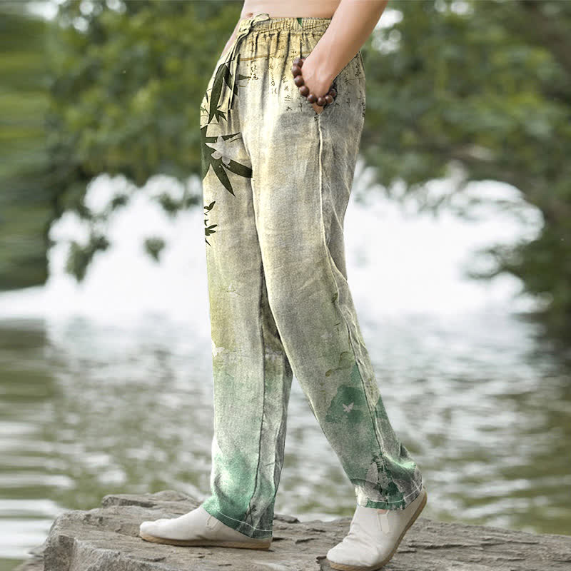 Buddha Stones Herrenhose mit schmal zulaufendem Schnitt und Taschen, bedruckt mit Baumwolltinte und Bambusmuster - image 1