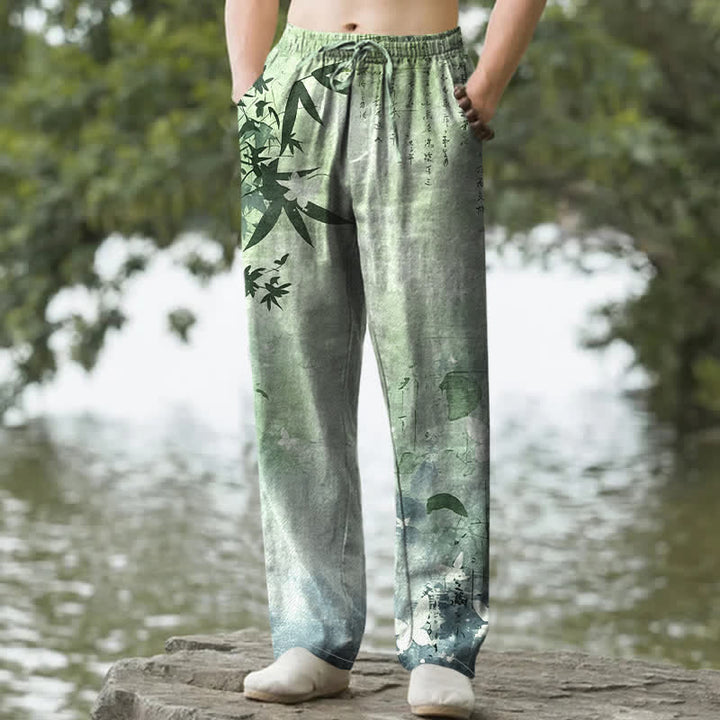 Buddha Stones Herrenhose mit schmal zulaufendem Schnitt und Taschen, bedruckt mit Baumwolltinte und Bambusmuster - Hellgrün - US/ UK/AU50, EU60 (5XL) - image 4