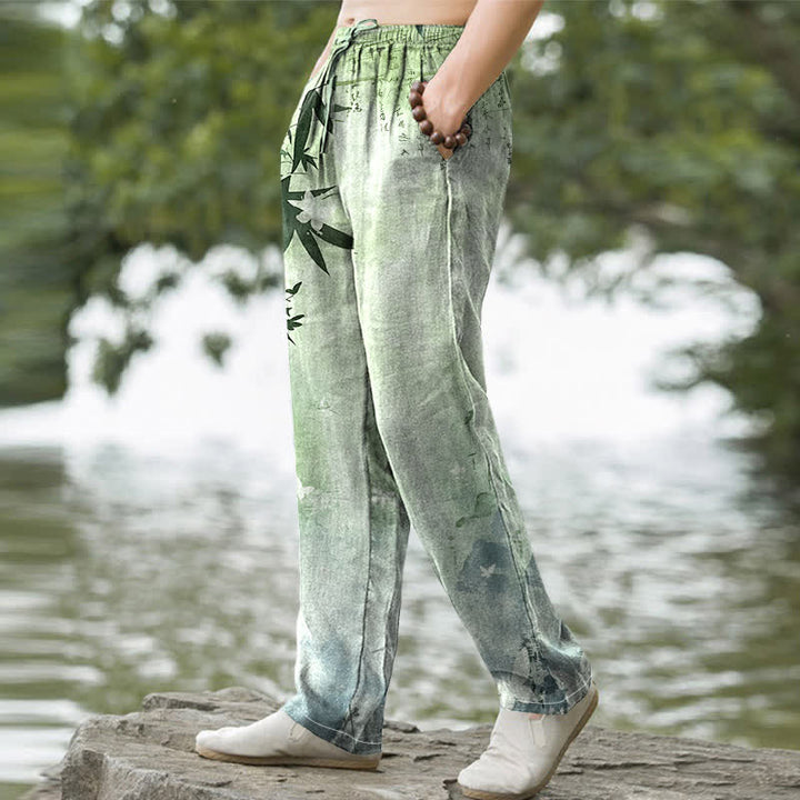 Buddha Stones Herrenhose mit schmal zulaufendem Schnitt und Taschen, bedruckt mit Baumwolltinte und Bambusmuster - image 5