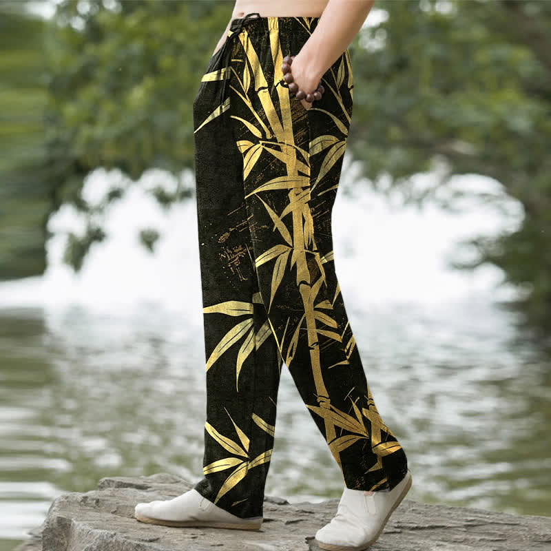 Buddha Stones Herrenhose aus Baumwolle mit goldenem Bambusblattmuster, schmal zulaufendem Schnitt und Taschen - image 1