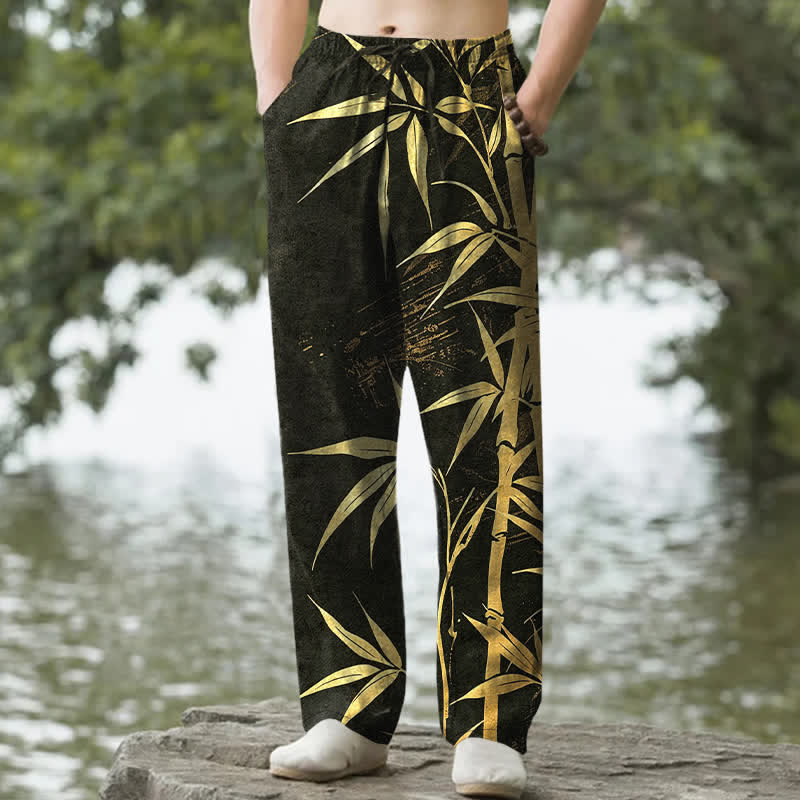 Buddha Stones Herrenhose aus Baumwolle mit goldenem Bambusblattmuster, schmal zulaufendem Schnitt und Taschen - Schwarz - US/ UK/AU50, EU60 (5XL) - image 0