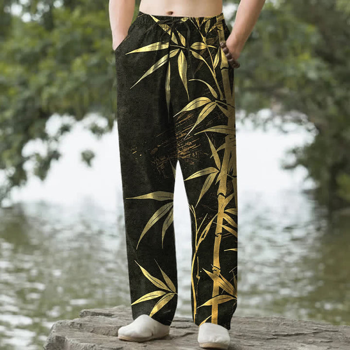 Buddha Stones Herrenhose aus Baumwolle mit goldenem Bambusblattmuster, schmal zulaufendem Schnitt und Taschen - Schwarz - US/ UK/AU50, EU60 (5XL) - image 0