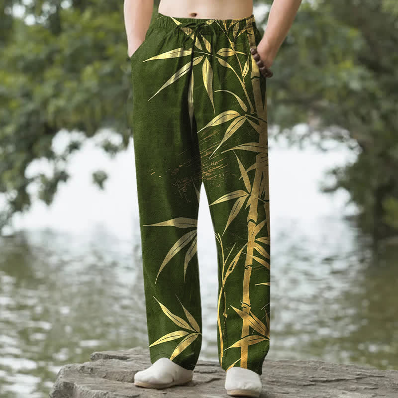 Buddha Stones Herrenhose aus Baumwolle mit goldenem Bambusblattmuster, schmal zulaufendem Schnitt und Taschen - Dunkelolivgrün - US/ UK/AU50, EU60 (5XL) - image 4