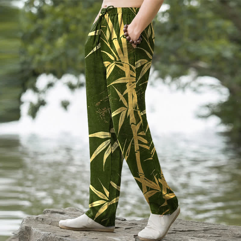 Buddha Stones Herrenhose aus Baumwolle mit goldenem Bambusblattmuster, schmal zulaufendem Schnitt und Taschen - image 5