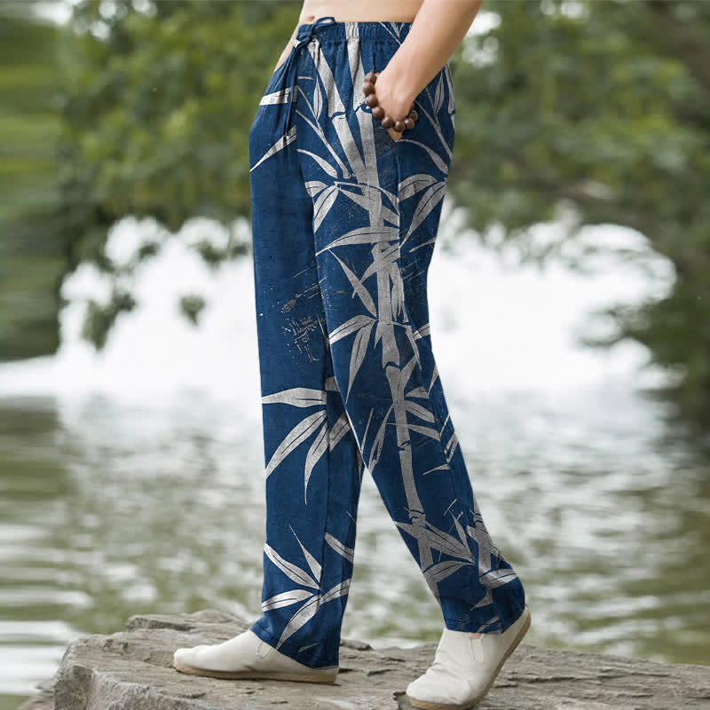 Buddha Stones Herrenhose aus Baumwolle mit goldenem Bambusblattmuster, schmal zulaufendem Schnitt und Taschen - image 9