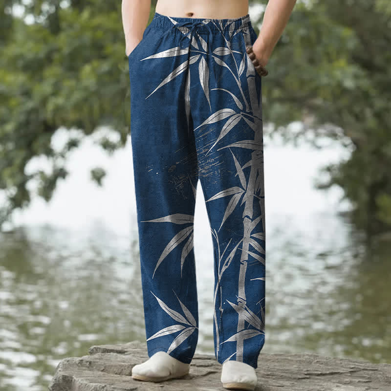 Buddha Stones Herrenhose aus Baumwolle mit goldenem Bambusblattmuster, schmal zulaufendem Schnitt und Taschen - Marine - US/ UK/AU50, EU60 (5XL) - image 8