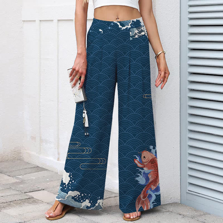 Buddha Stones Damenhose mit weitem Bein, elastischem Bund und Taschen, Baumwoll-Leinen-Mischgewebe mit Koi-Fisch-Wellenmuster und Koi-Fischmotiv - image 1