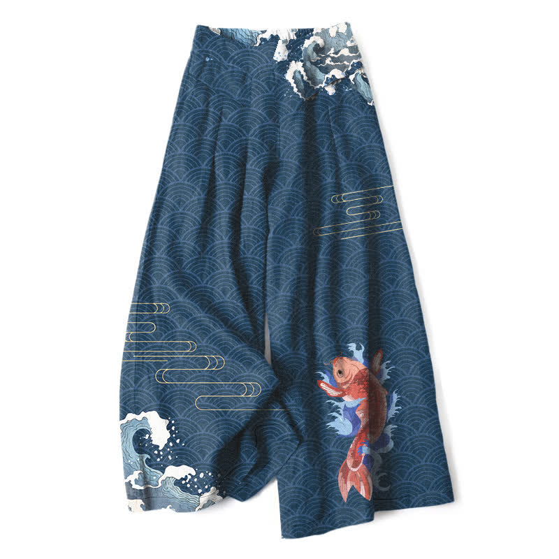 Buddha Stones Damenhose mit weitem Bein, elastischem Bund und Taschen, Baumwoll-Leinen-Mischgewebe mit Koi-Fisch-Wellenmuster und Koi-Fischmotiv - Marine - US16, UK/AU20, EU48 (3XL) - image 0