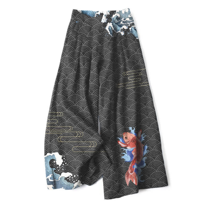Buddha Stones Damenhose mit weitem Bein, elastischem Bund und Taschen, Baumwoll-Leinen-Mischgewebe mit Koi-Fisch-Wellenmuster und Koi-Fischmotiv - Schwarz - US16, UK/AU20, EU48 (3XL) - image 4